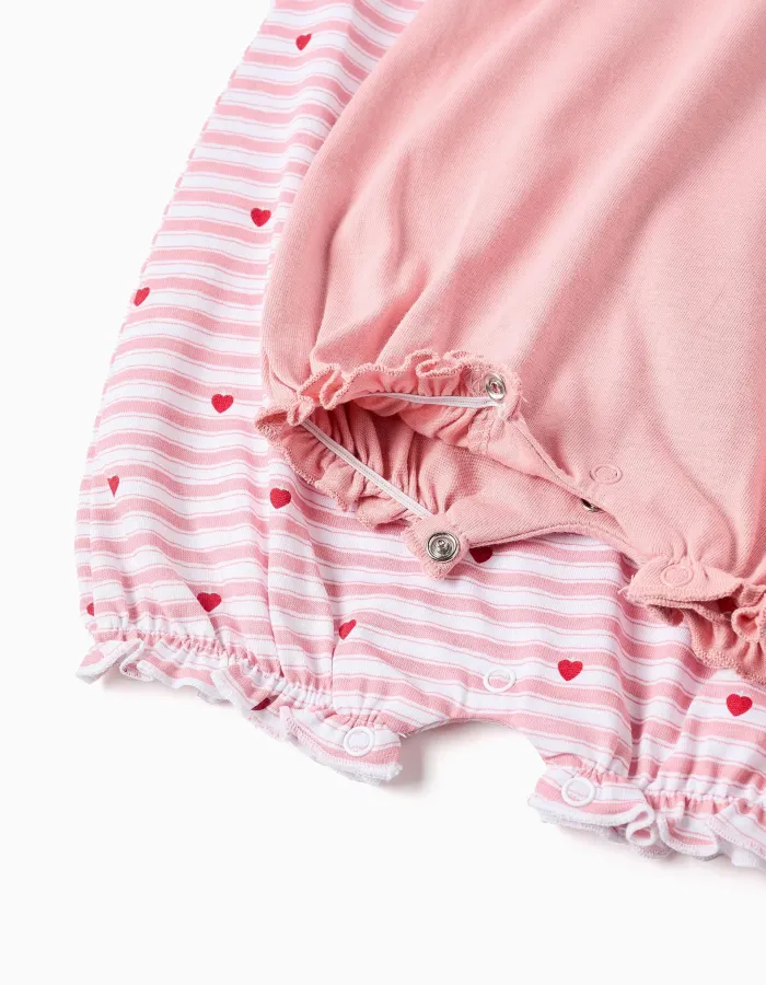 2 cotton rompers with prints for newborn and baby girls, pink