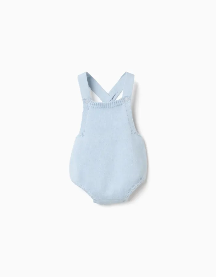 Cotton knitted romper with adjustable straps for newborns, light blue