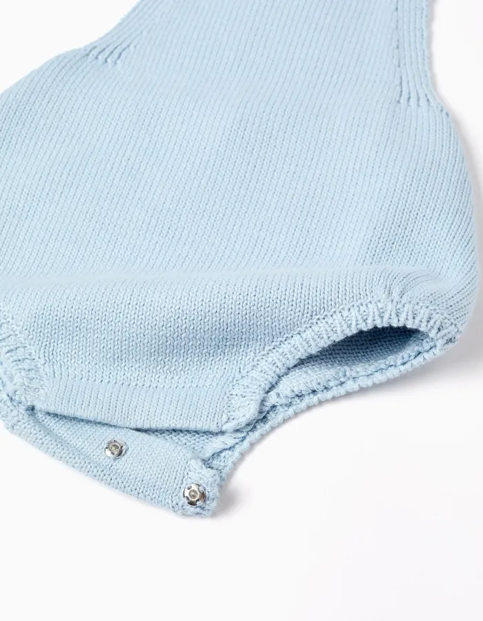 Cotton knitted romper with adjustable straps for newborns, light blue