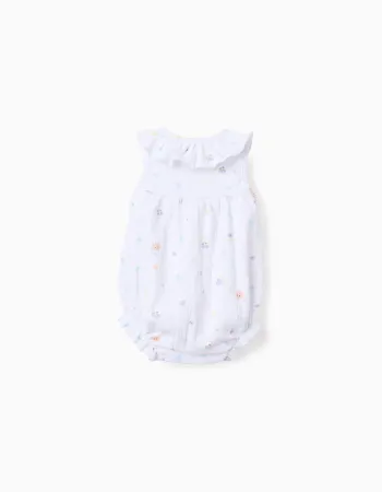 Sleeveless cotton romper with motif and ruffles for newborn girls, white