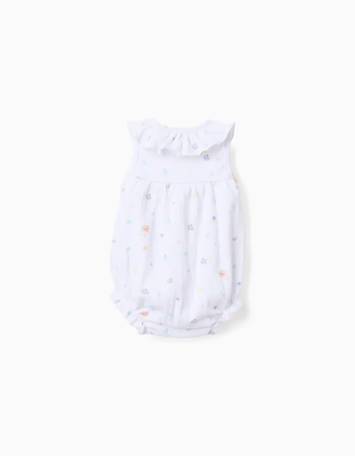 Sleeveless cotton romper with motif and ruffles for newborn girls, white