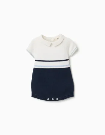 Cotton knitted romper with stripes for newborn boys, white/blue