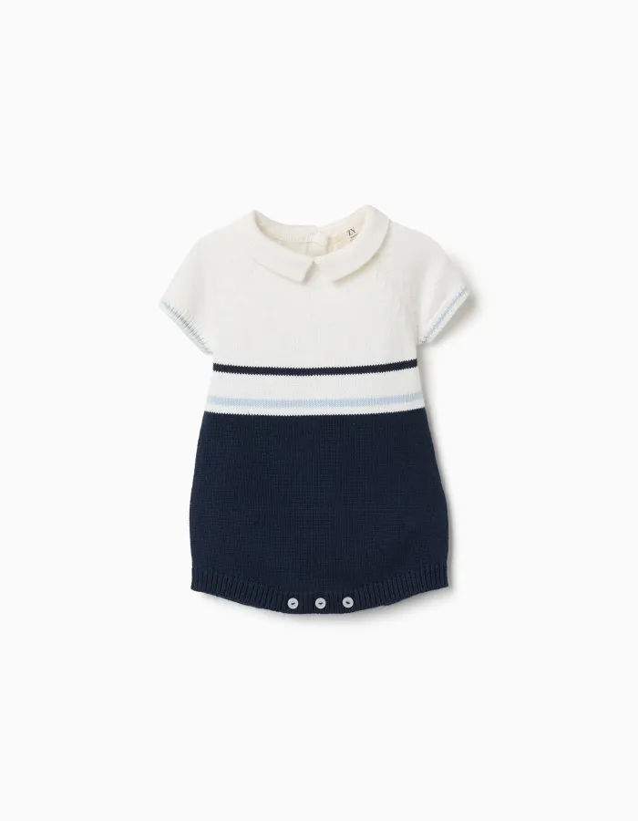 Cotton knitted romper with stripes for newborn boys, white/blue