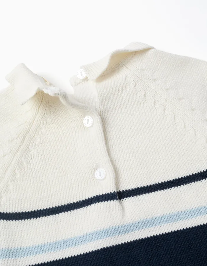 Cotton knitted romper with stripes for newborn boys, white/blue