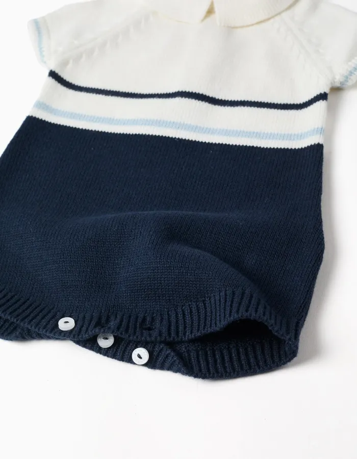 Cotton knitted romper with stripes for newborn boys, white/blue
