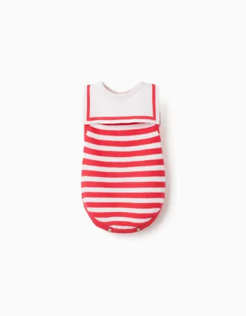 Cotton knitted romper with stripes for newborns, red/white