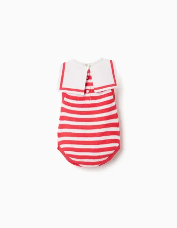 Cotton knitted romper with stripes for newborns, red/white