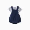 Striped bodysuit + piqué romper set for newborns, white/dark blue