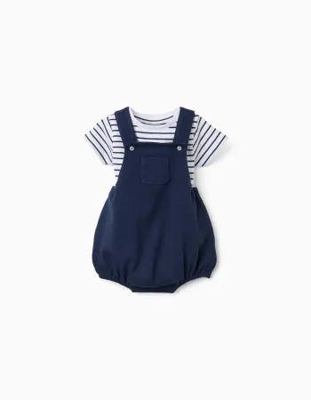 Striped bodysuit + piqué romper set for newborns, white/dark blue