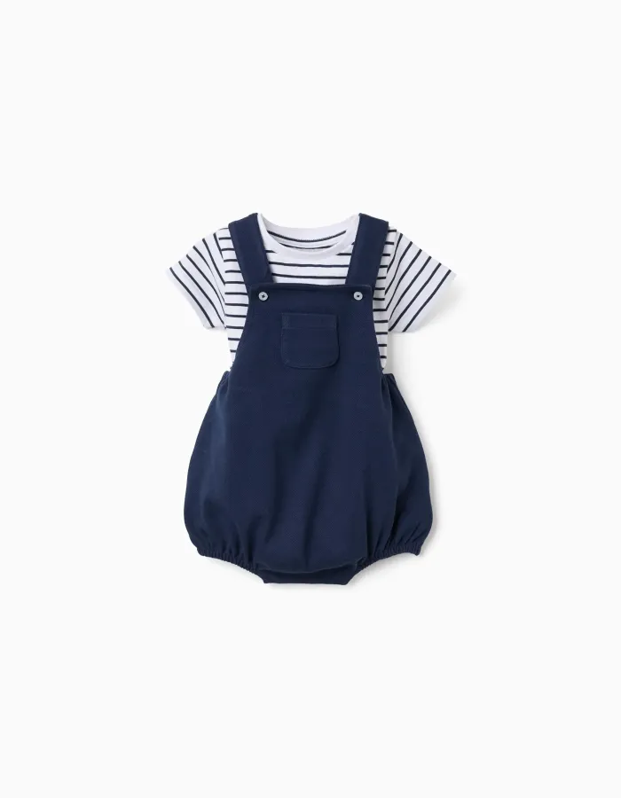 Striped bodysuit + piqué romper set for newborns, white/dark blue