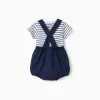 Striped bodysuit + piqué romper set for newborns, white/dark blue