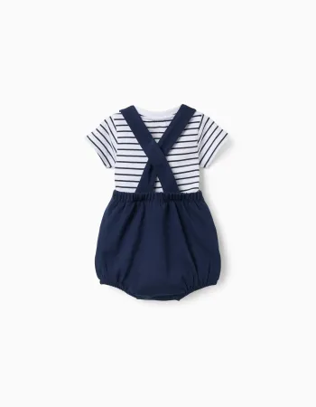 Striped bodysuit + piqué romper set for newborns, white/dark blue