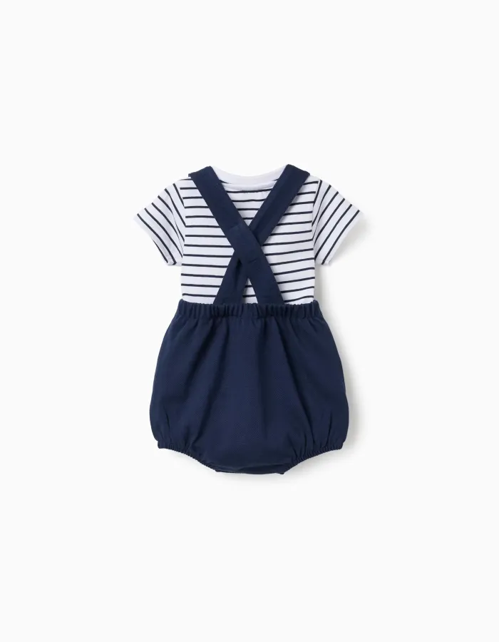 Striped bodysuit + piqué romper set for newborns, white/dark blue