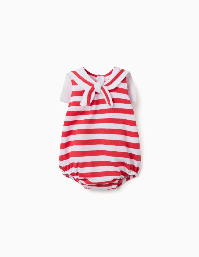 Knitted romper with stripes and sailor collar for newborns, red/white