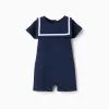Cotton piqué romper with sailor collar for newborn boys, dark blue