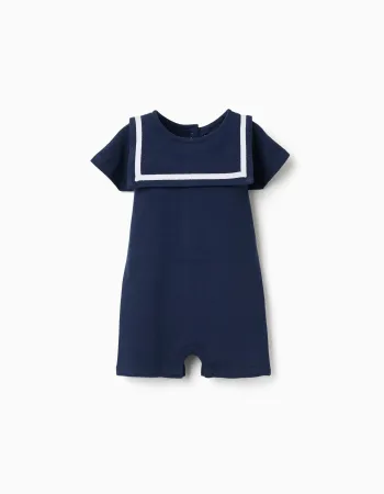 Cotton piqué romper with sailor collar for newborn boys, dark blue