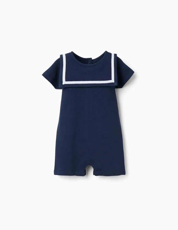Cotton piqué romper with sailor collar for newborn boys, dark blue