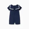 Cotton piqué romper with sailor collar for newborn boys, dark blue