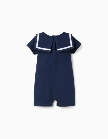 Cotton piqué romper with sailor collar for newborn boys, dark blue