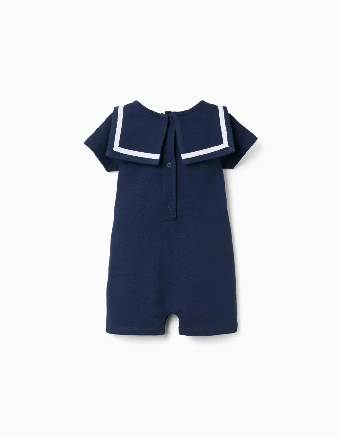 Cotton piqué romper with sailor collar for newborn boys, dark blue