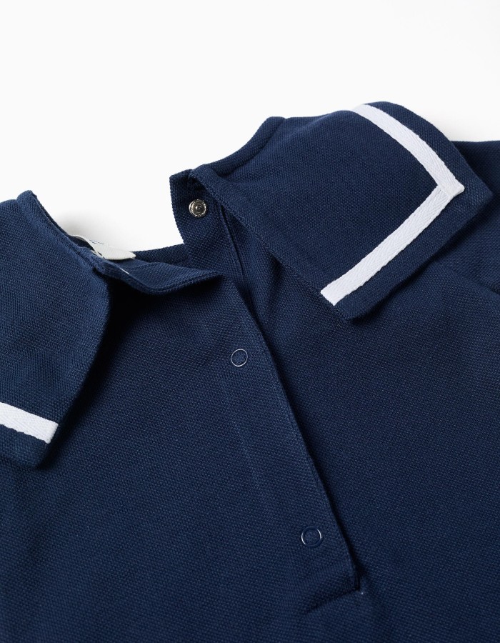 Cotton piqué romper with sailor collar for newborn boys, dark blue