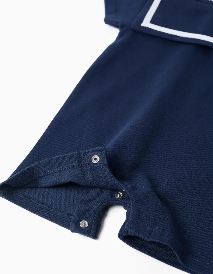 Cotton piqué romper with sailor collar for newborn boys, dark blue