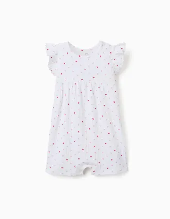 Ribbed romper with heart motif for newborn and baby girls, white