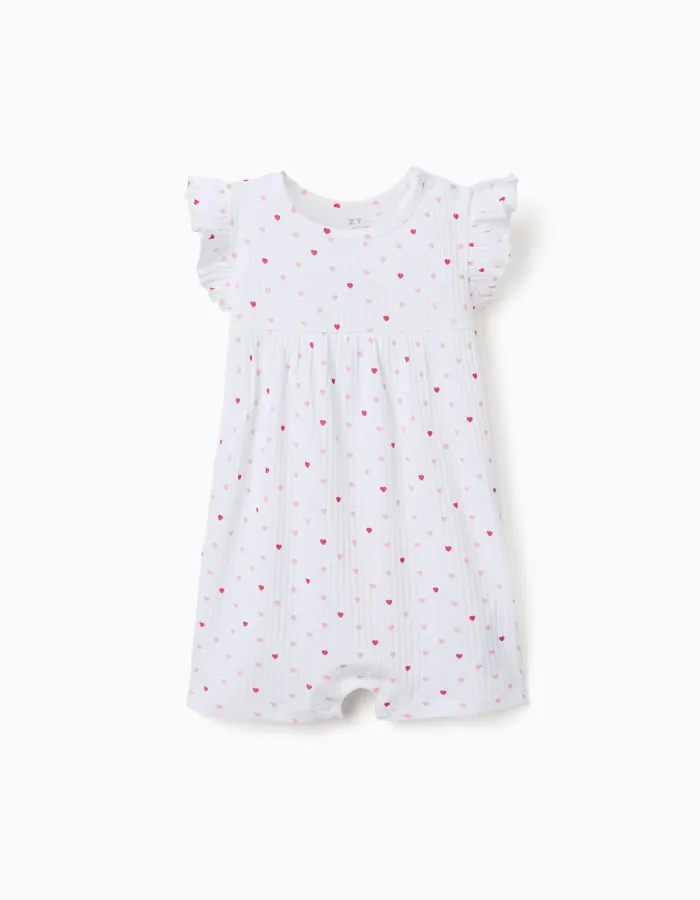 Ribbed romper with heart motif for newborn and baby girls, white