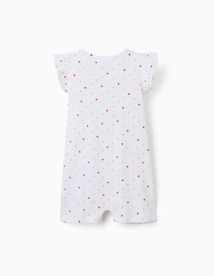 Ribbed romper with heart motif for newborn and baby girls, white