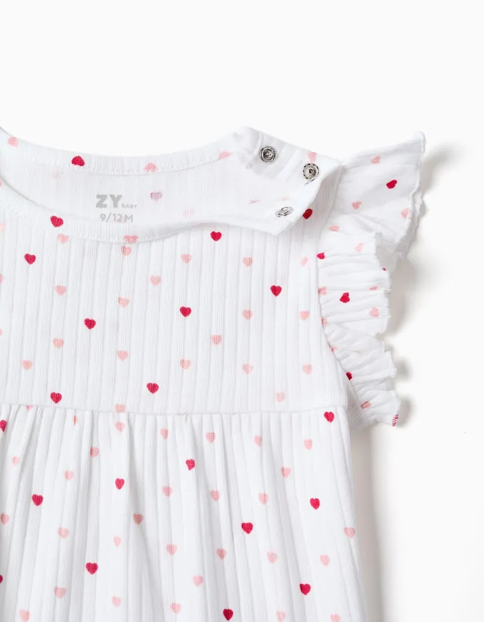 Ribbed romper with heart motif for newborn and baby girls, white