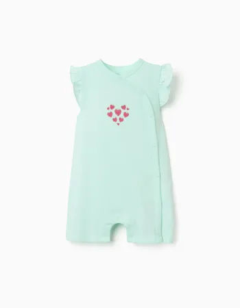 Cotton romper with heart print for newborn and baby girls, light green