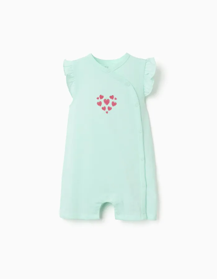 Cotton romper with heart print for newborn and baby girls, light green