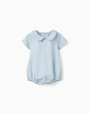 Short sleeve romper in cotton and linen for newborn boys, light blue