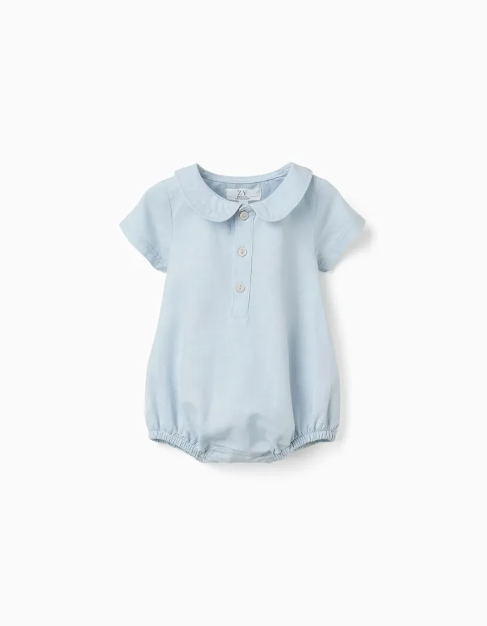Short sleeve romper in cotton and linen for newborn boys, light blue