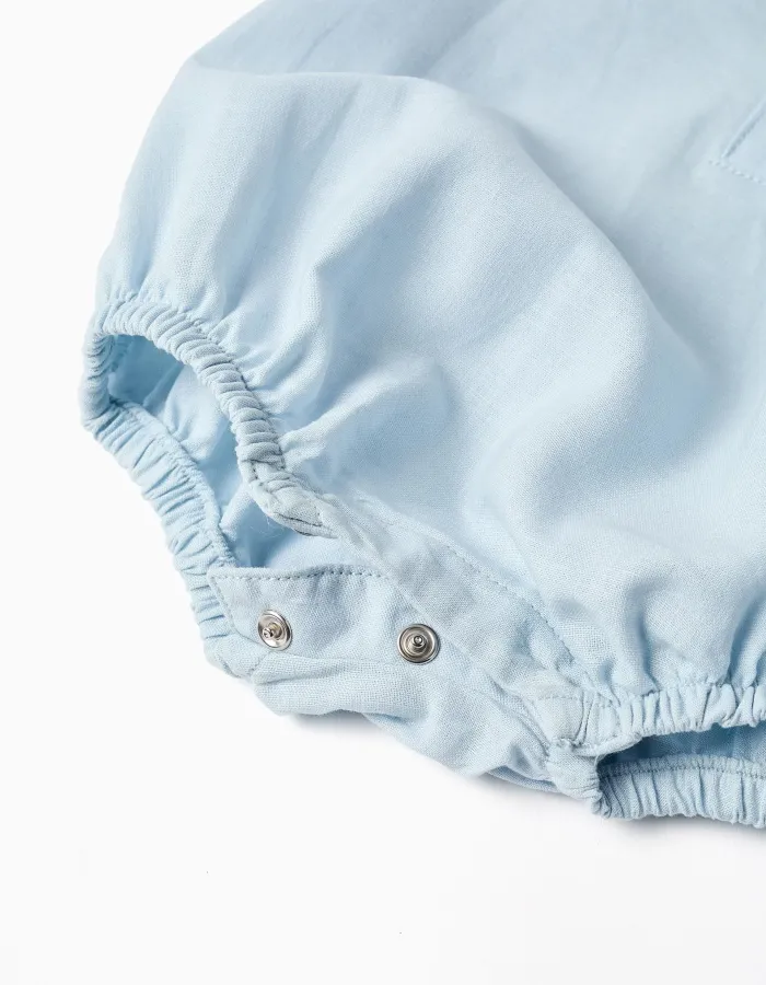 Short sleeve romper in cotton and linen for newborn boys, light blue