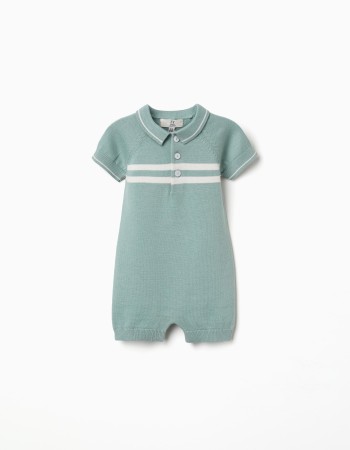Knitted cotton romper with stripes for newborn boys, light green/white