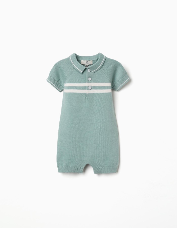 Knitted cotton romper with stripes for newborn boys, light green/white