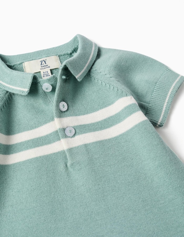 Knitted cotton romper with stripes for newborn boys, light green/white