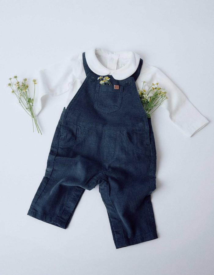 Corduroy dungarees with front pocket for newborn boys, navy blue