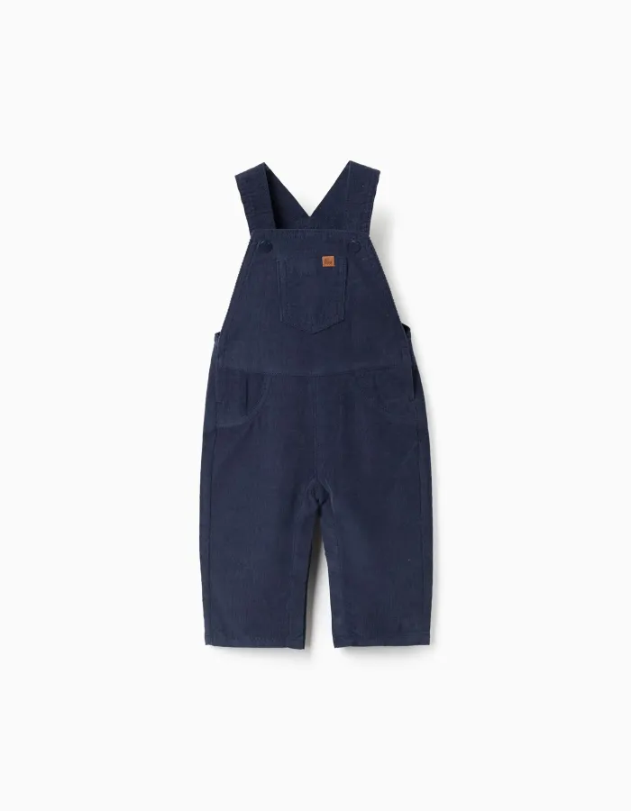 Corduroy dungarees with front pocket for newborn boys, navy blue