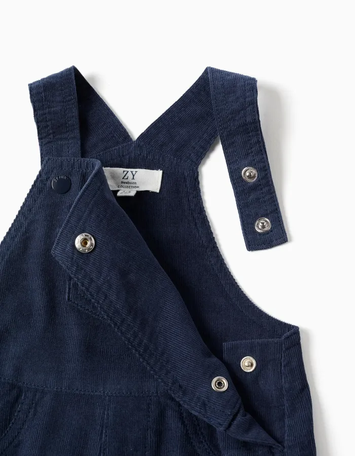 Corduroy dungarees with front pocket for newborn boys, navy blue