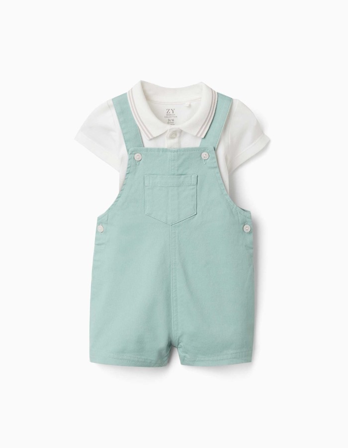 Cotton bodysuit and dungarees set for newborn boys, white/light green