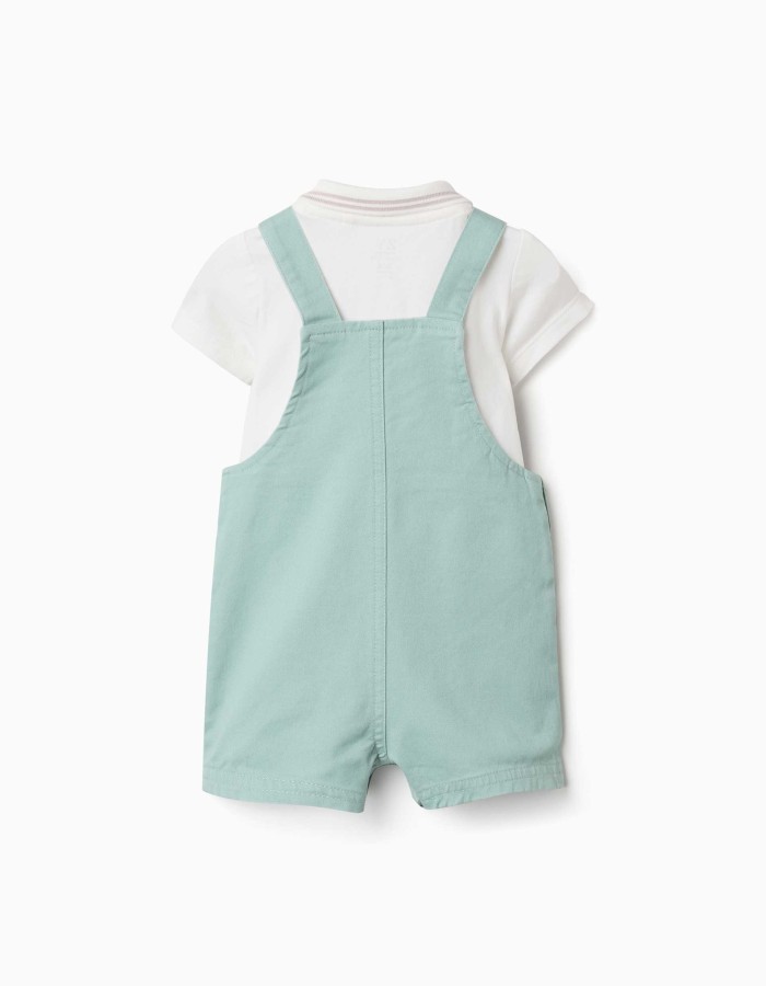 Cotton bodysuit and dungarees set for newborn boys, white/light green