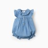 Sleeveless denim romper with ruffles for newborn girls, blue