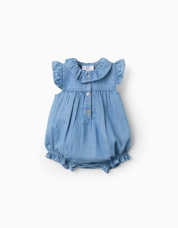 Sleeveless denim romper with ruffles for newborn girls, blue