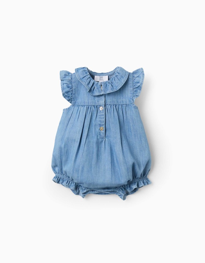 Sleeveless denim romper with ruffles for newborn girls, blue