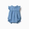 Sleeveless denim romper with ruffles for newborn girls, blue