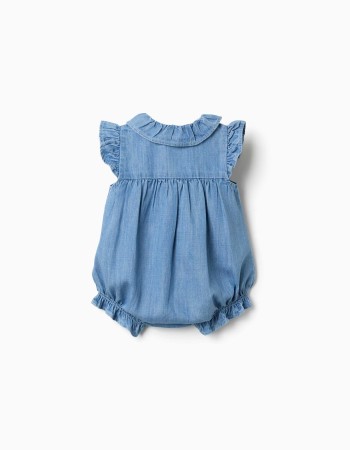 Sleeveless denim romper with ruffles for newborn girls, blue