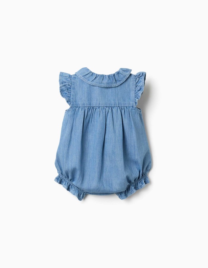 Sleeveless denim romper with ruffles for newborn girls, blue