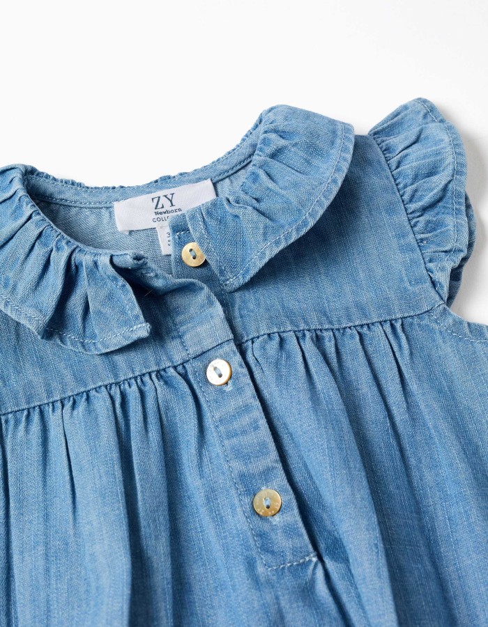 Sleeveless denim romper with ruffles for newborn girls, blue